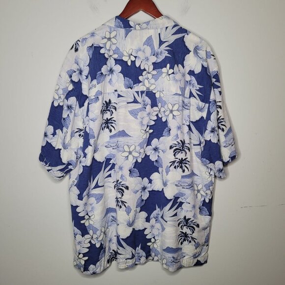 Bermuda Bay 100% silk Blue and white Tropical Floral Hawaiian button up XL - Picture 9 of 10